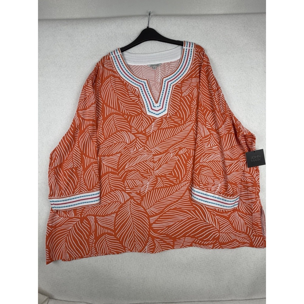 John Mark NWT Woman's 3xl  Embroidered  Leaf Print White/orange Tunic Top